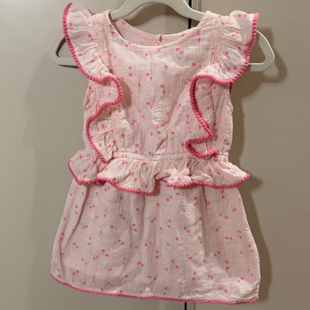 Egg New York Cherry Print Dress 2T Pink Pom Trim Ruffle Summer Boutique Dress